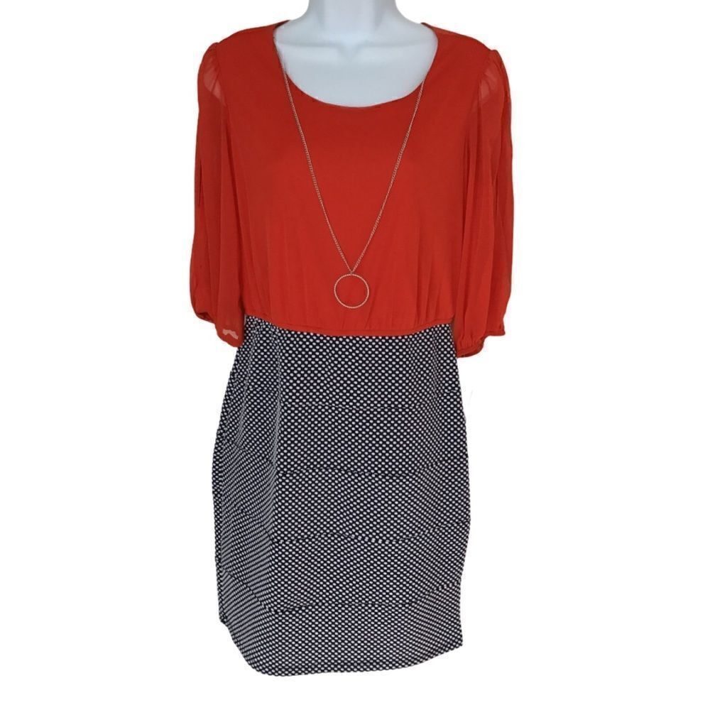 NWT EnFocus Studios Sheered Gathered 3/4 Sleeve Red Polka Dot Classic Dress 10